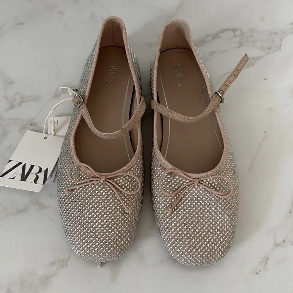 Zara Beige Sparkly Ballet Flats NWT